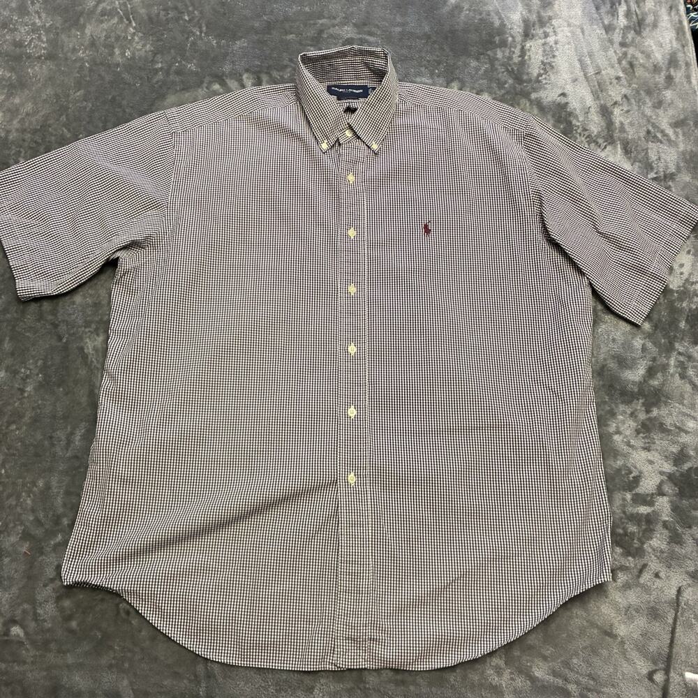 Ralph Lauren Golf Shirt Mens Large White/Black Gingham Button Down Short‎ Sleeve